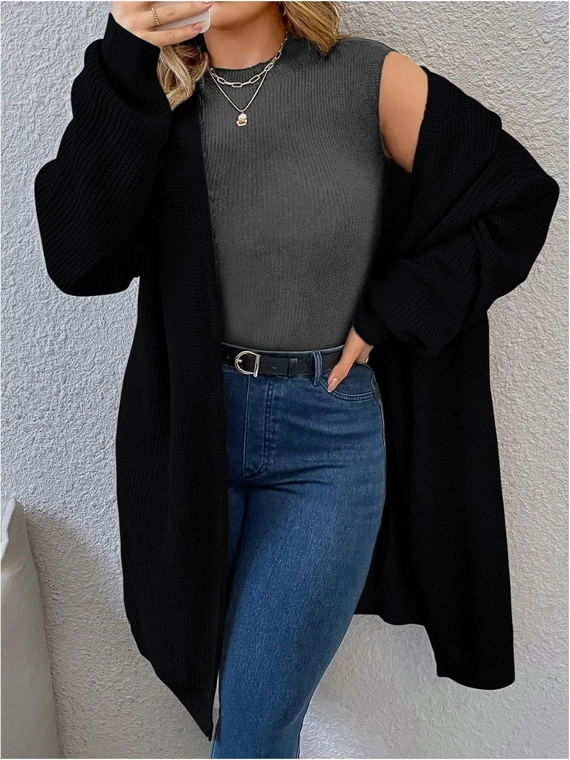 MakeMeChic Women's Plus Size Cardigan Long Sleeve Open Front Duster Cardigans Casual Knitted Sweater