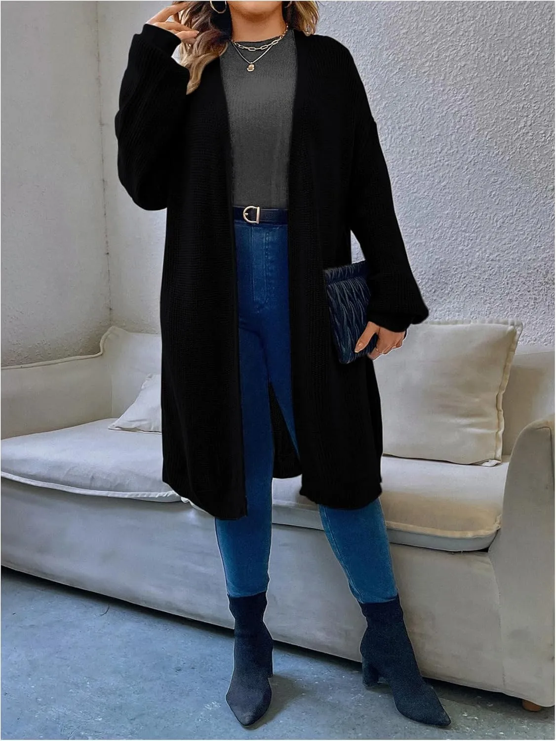 MakeMeChic Women's Plus Size Cardigan Long Sleeve Open Front Duster Cardigans Casual Knitted Sweater