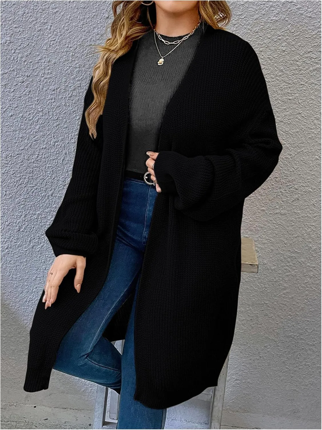 MakeMeChic Women's Plus Size Cardigan Long Sleeve Open Front Duster Cardigans Casual Knitted Sweater