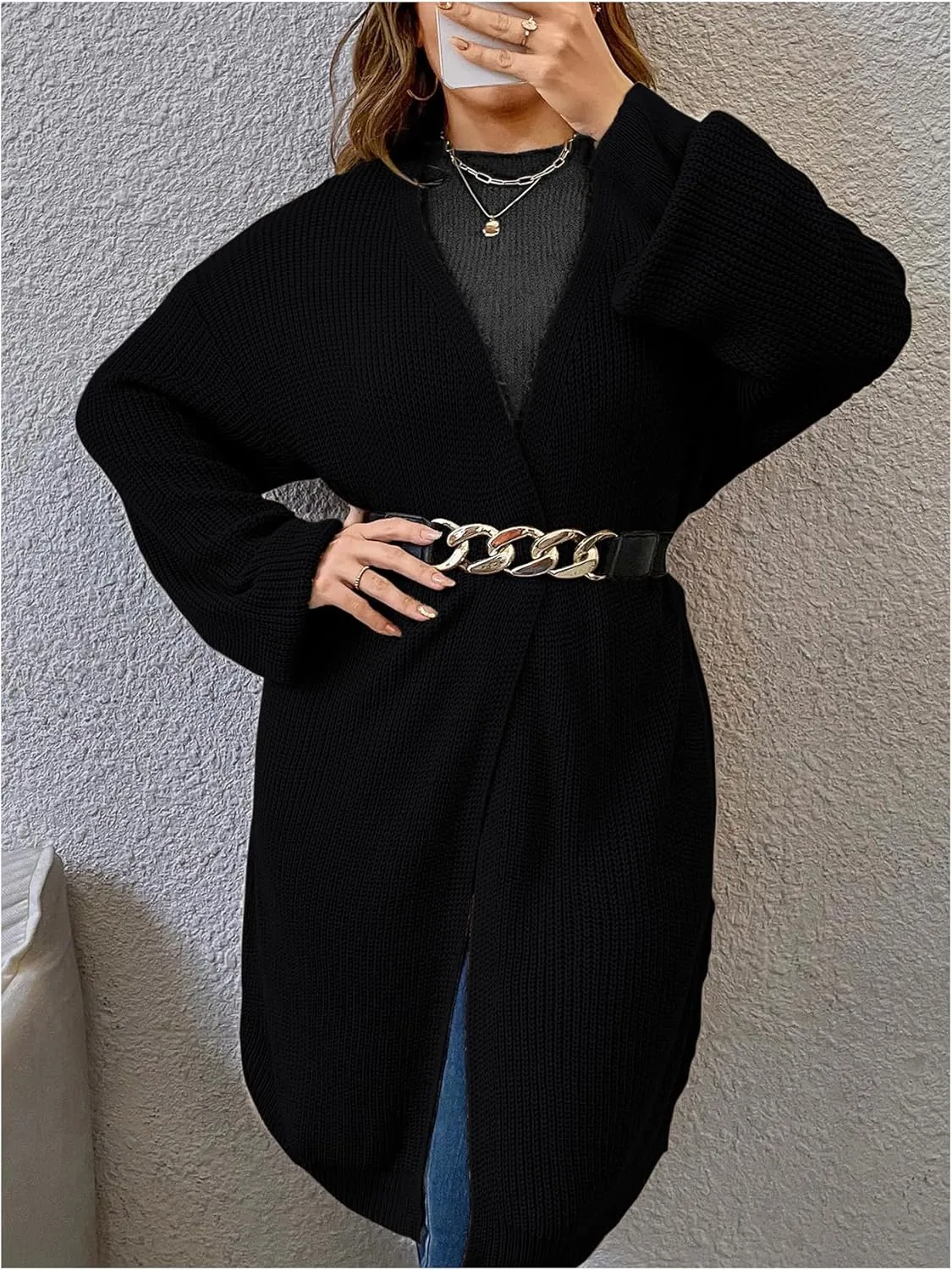 MakeMeChic Women's Plus Size Cardigan Long Sleeve Open Front Duster Cardigans Casual Knitted Sweater