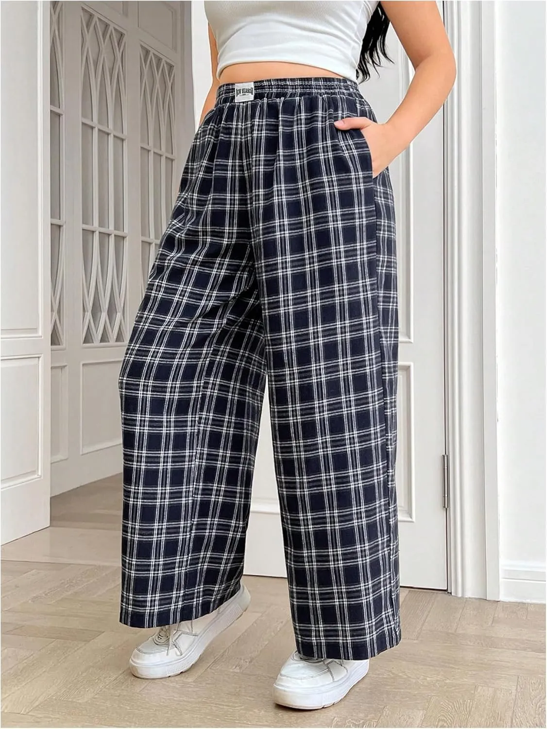 MakeMeChic Women's Plus Size Gingham Plaid Elastic High Waist Wide Leg Pocket Baggy Loose Y2K Trousers Pants Loungewear