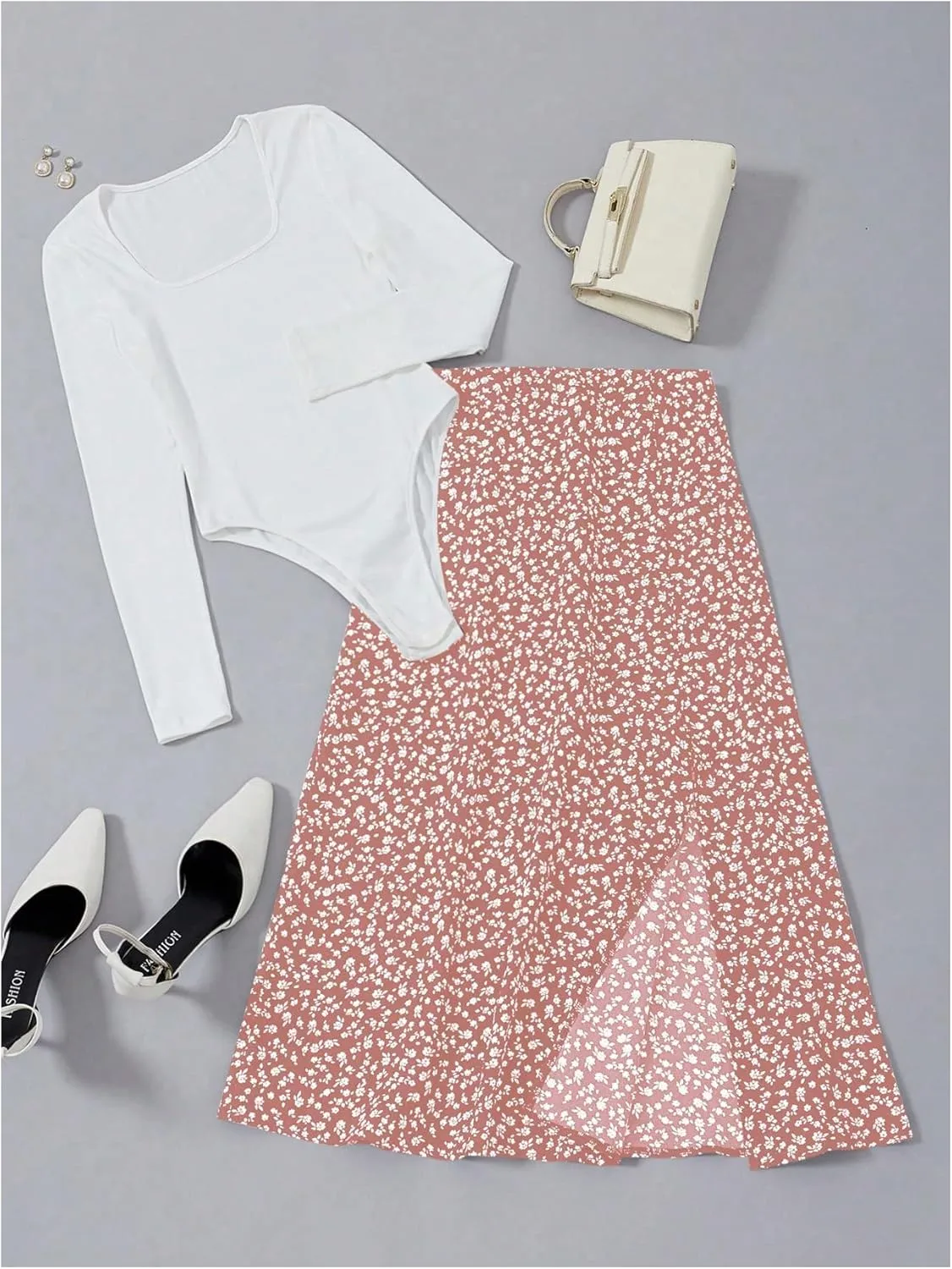 MakeMeChic Women's Two Piece Outfit Square Neck Long Sleeve Bodysuit and Ditsy Floral Split Thigh Long Skirt Set