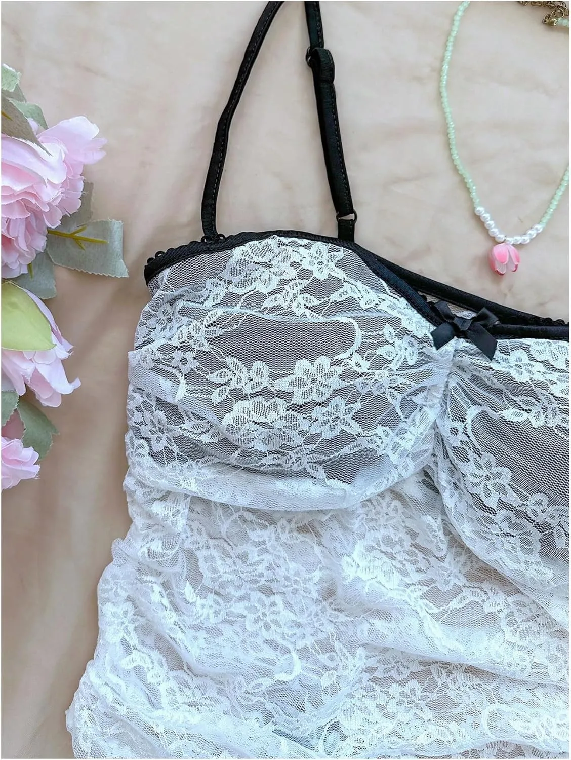 MakeMeChic Women's Y2k Floral Lace Sheer Tops Camisole Bow Crop Tops Ruched Spaghetti Strap Backless Tank Top