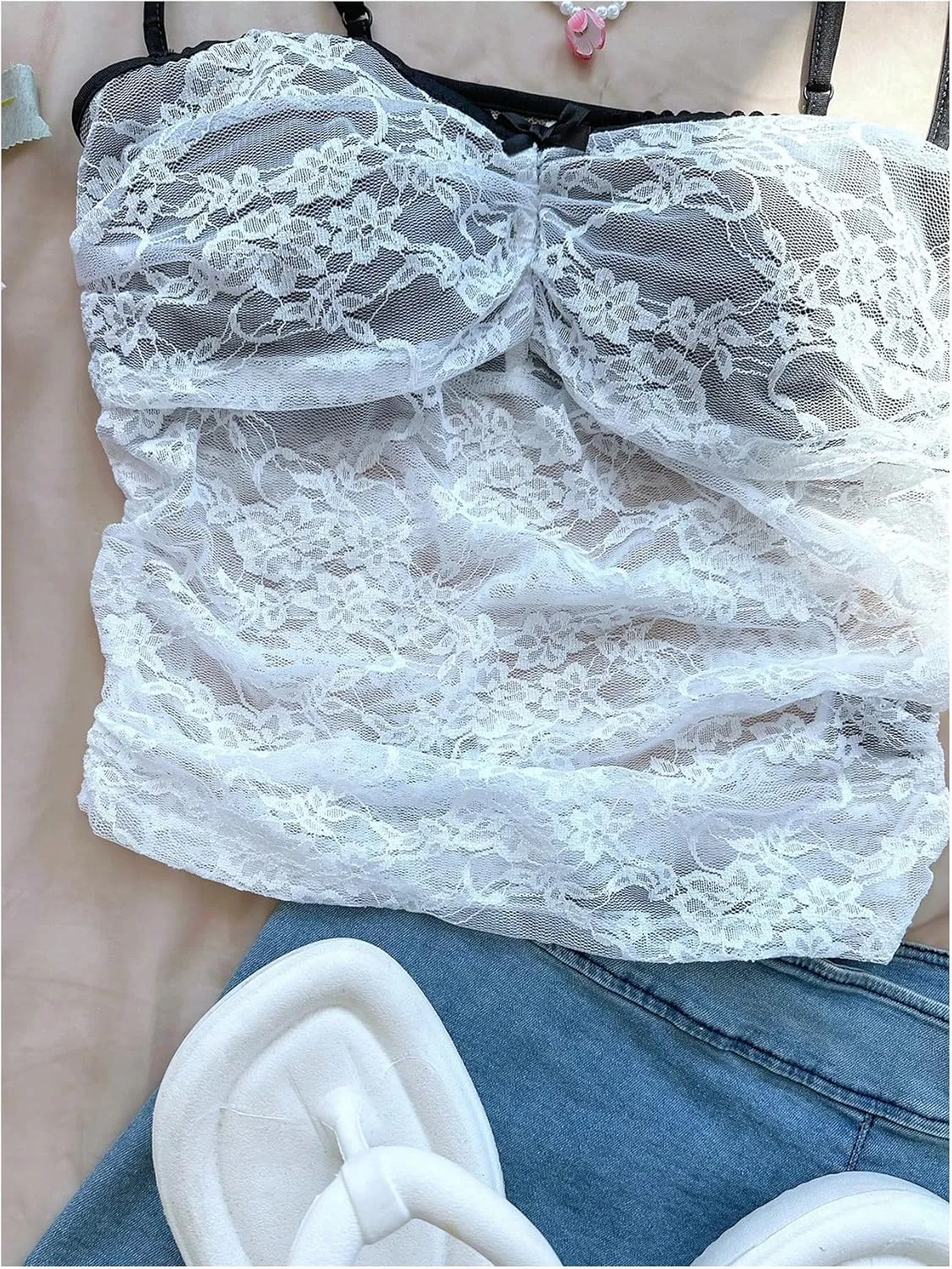MakeMeChic Women's Y2k Floral Lace Sheer Tops Camisole Bow Crop Tops Ruched Spaghetti Strap Backless Tank Top
