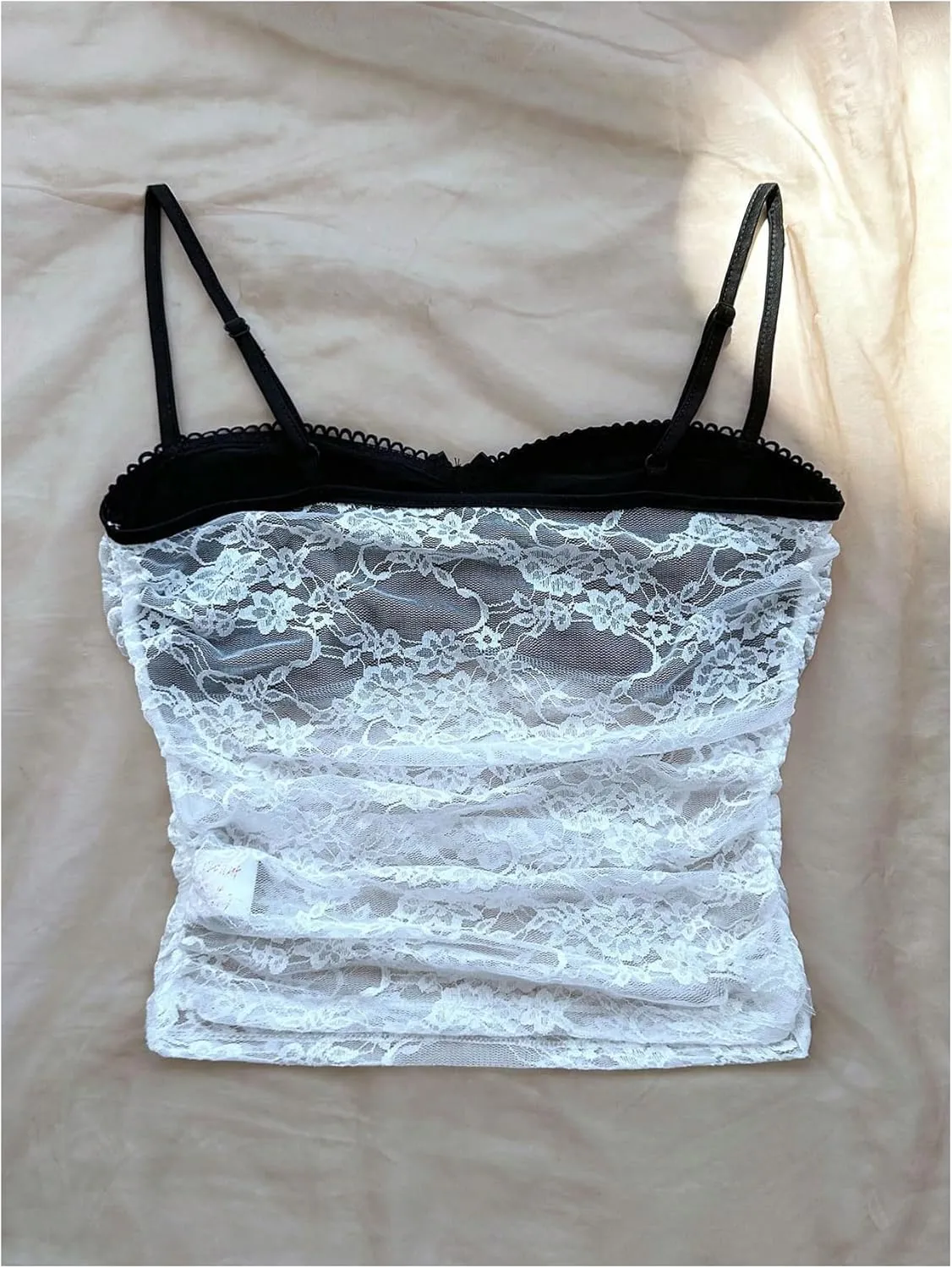 MakeMeChic Women's Y2k Floral Lace Sheer Tops Camisole Bow Crop Tops Ruched Spaghetti Strap Backless Tank Top