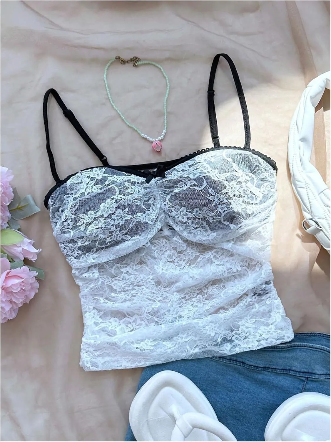 MakeMeChic Women's Y2k Floral Lace Sheer Tops Camisole Bow Crop Tops Ruched Spaghetti Strap Backless Tank Top