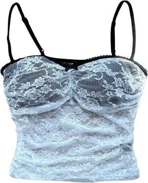 MakeMeChic Women's Y2k Floral Lace Sheer Tops Camisole Bow Crop Tops Ruched Spaghetti Strap Backless Tank Top