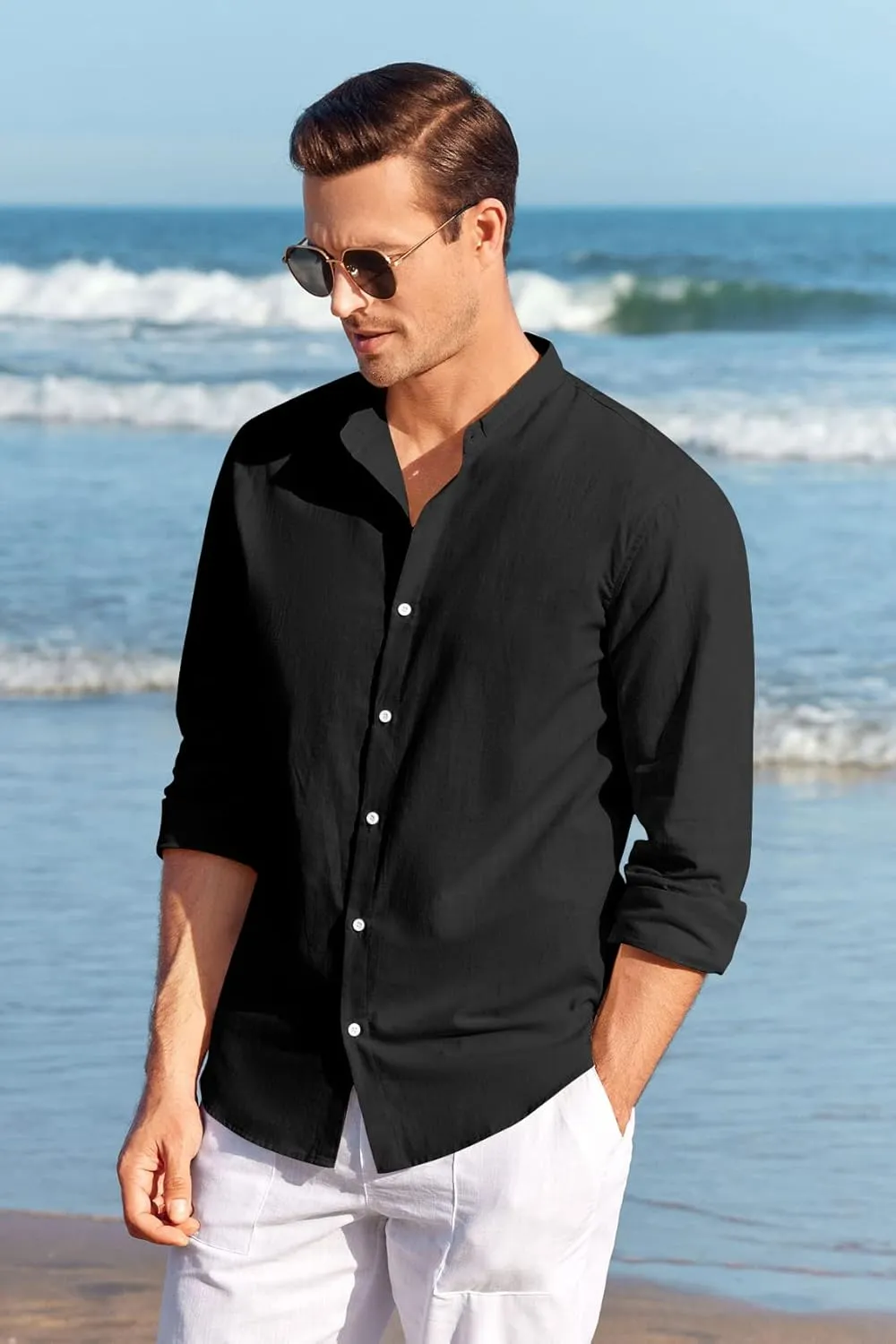 Makkrom Men Linen Shirt Button Down Long Sleeve Cotton Beach Band Collar Casual Summer Shirts