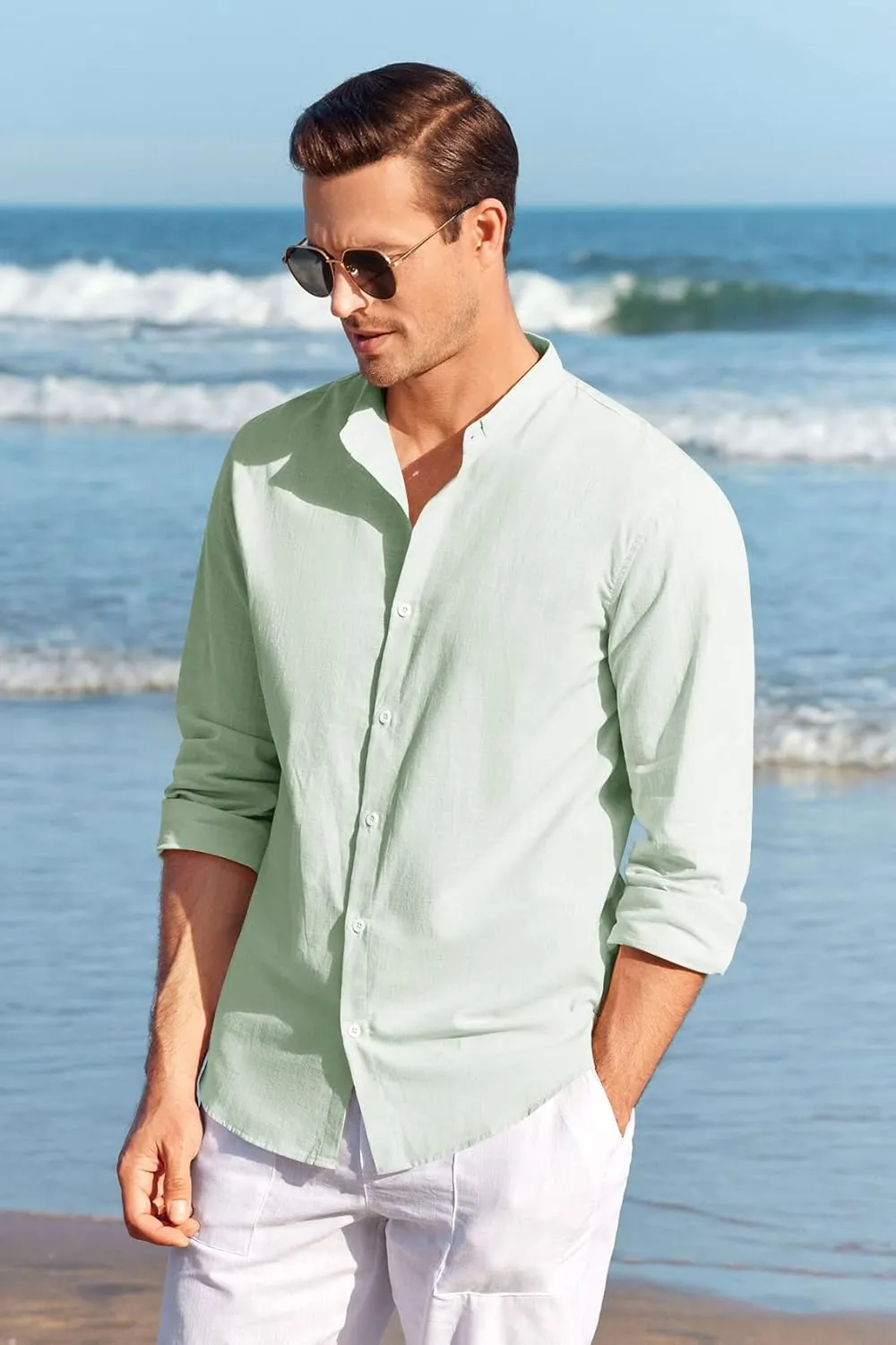 Makkrom Men Linen Shirt Button Down Long Sleeve Cotton Beach Band Collar Casual Summer Shirts