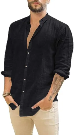 Makkrom Men Linen Shirt Button Down Long Sleeve Cotton Beach Band Collar Casual Summer Shirts
