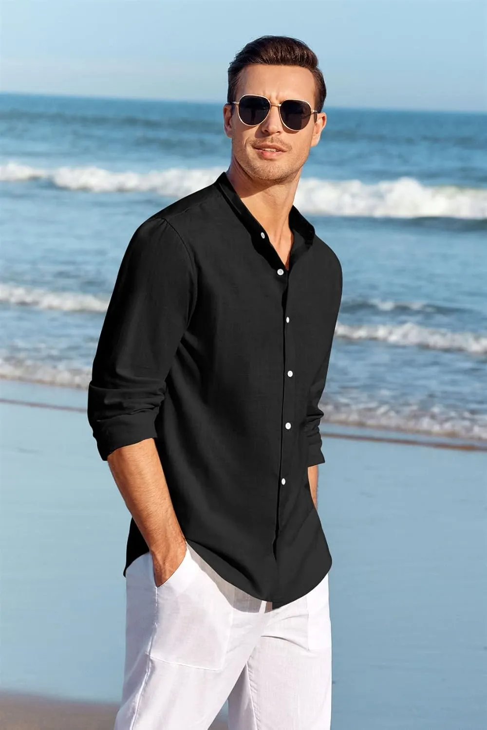 Makkrom Men Linen Shirt Button Down Long Sleeve Cotton Beach Band Collar Casual Summer Shirts