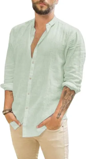 Makkrom Men Linen Shirt Button Down Long Sleeve Cotton Beach Band Collar Casual Summer Shirts
