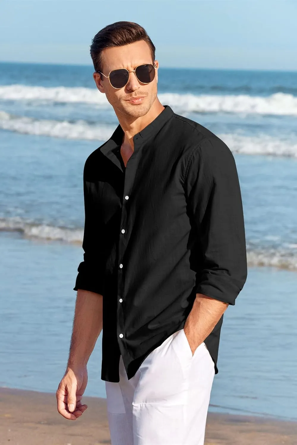 Makkrom Men Linen Shirt Button Down Long Sleeve Cotton Beach Band Collar Casual Summer Shirts