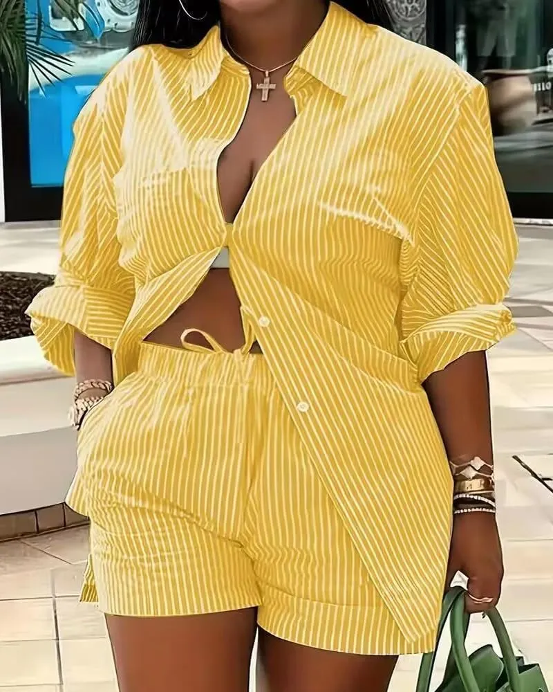 Mandonce 2 Piece Outfits for Women Long Sleeve Printed Shirt and Elastic Lace-Up Shorts with Pockets Sexy Casual Sport Set