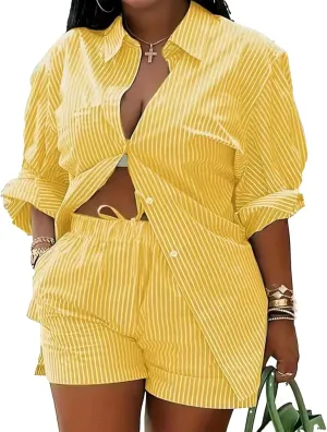 Mandonce 2 Piece Outfits for Women Long Sleeve Printed Shirt and Elastic Lace-Up Shorts with Pockets Sexy Casual Sport Set