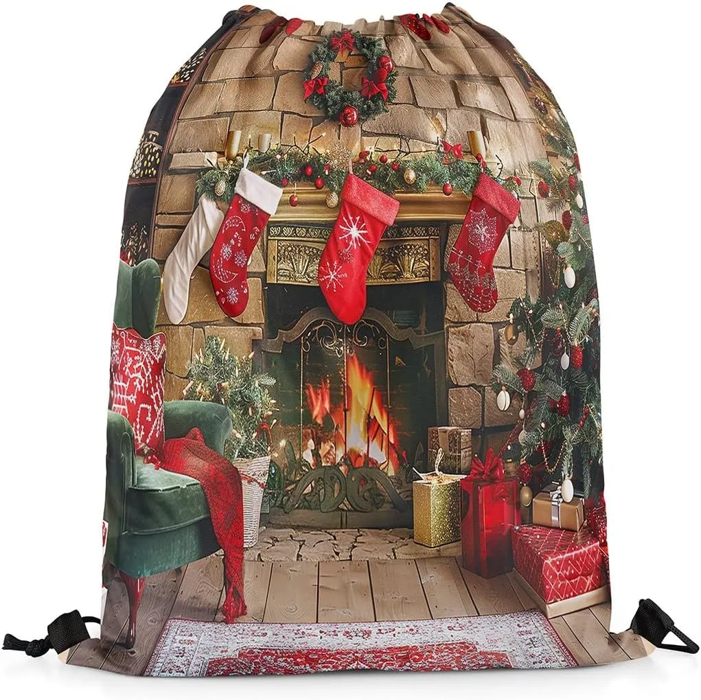 Manfei Merry Christmas Drawstring Backpack Bag,Retro Fireplace Socks String Bag Sackpack,Christmas Tree Gift Water Resistant Backpack for Gym Shopping Sport Yoga