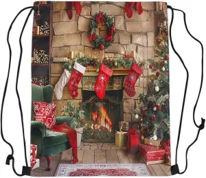 Manfei Merry Christmas Drawstring Backpack Bag,Retro Fireplace Socks String Bag Sackpack,Christmas Tree Gift Water Resistant Backpack for Gym Shopping Sport Yoga