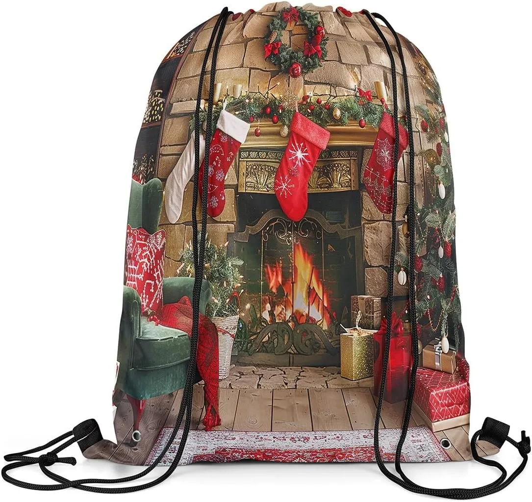 Manfei Merry Christmas Drawstring Backpack Bag,Retro Fireplace Socks String Bag Sackpack,Christmas Tree Gift Water Resistant Backpack for Gym Shopping Sport Yoga