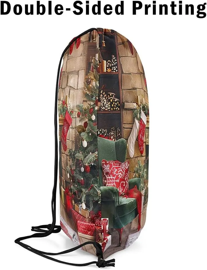 Manfei Merry Christmas Drawstring Backpack Bag,Retro Fireplace Socks String Bag Sackpack,Christmas Tree Gift Water Resistant Backpack for Gym Shopping Sport Yoga