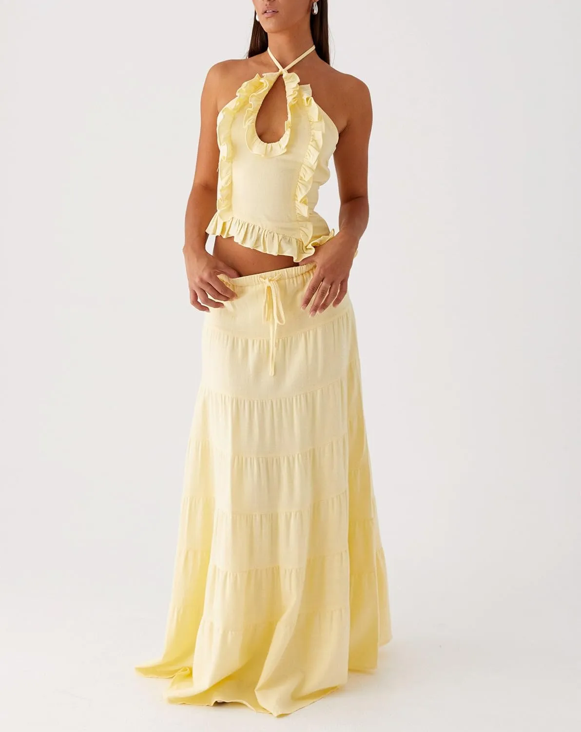 Maxi Skirt Sets for Women 2 Piece Sexy Long Skirt and Halter Tank Top Set Two Piece Going Out Set Vacation Outfits