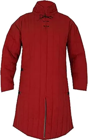 Medieval Long Gambeson Coat, High Collar, Padded Cotton Jacket with Buckle Straps (Red, 4X-Large)