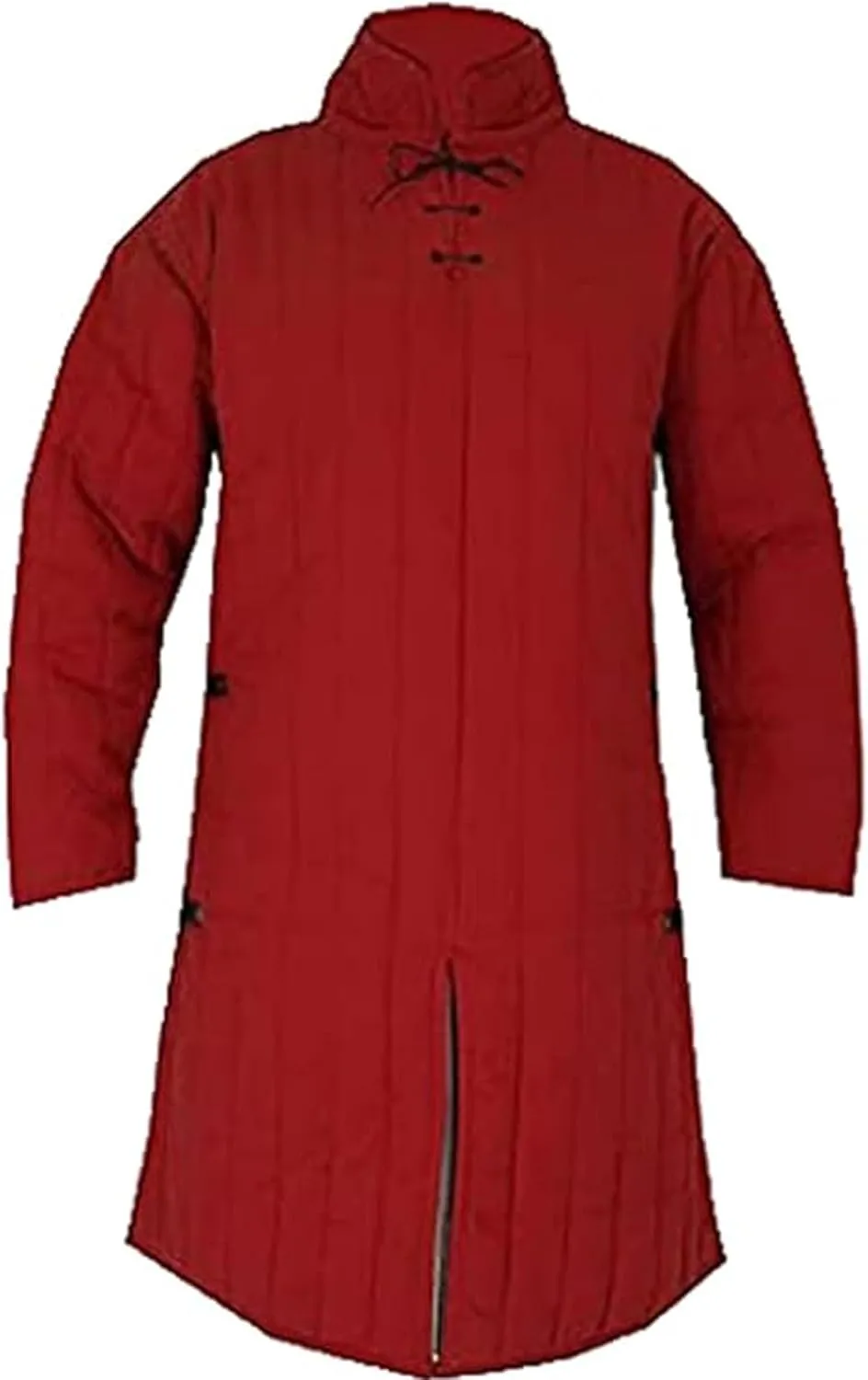 Medieval Long Gambeson Coat, High Collar, Padded Cotton Jacket with Buckle Straps (Red, Large)