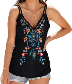 Melliflo Womens Embroidered Boho Tank Tops Spaghetti Strap Sleeveless V Neck Mexican Shirts Cami