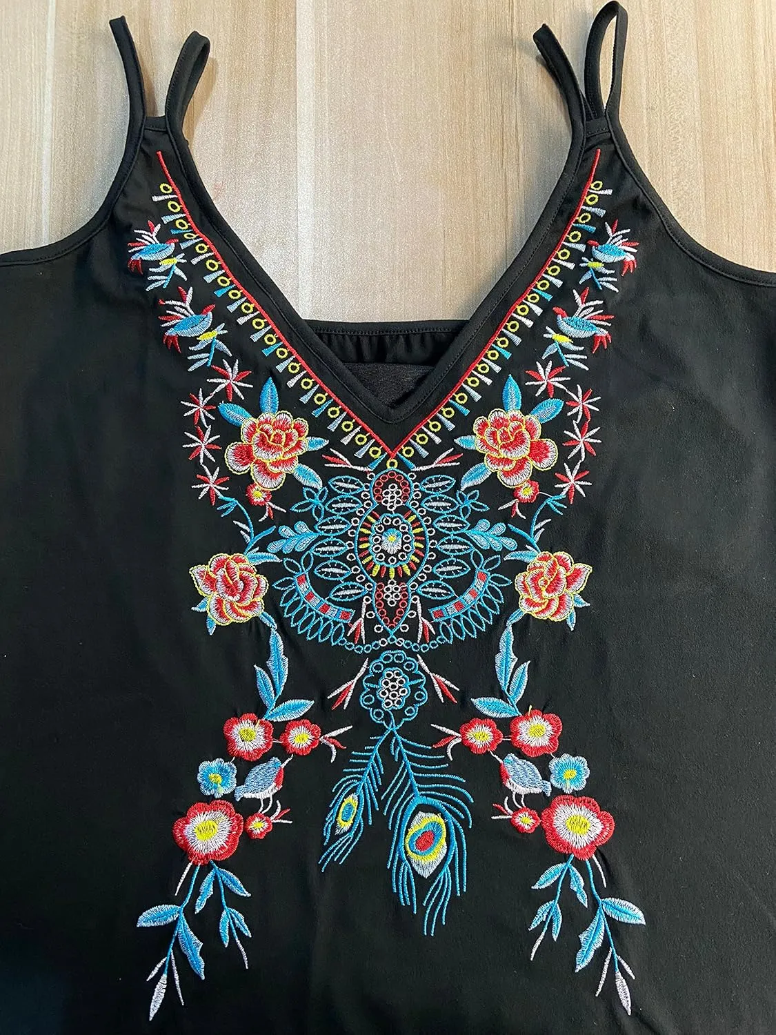 Melliflo Womens Embroidered Boho Tank Tops Spaghetti Strap Sleeveless V Neck Mexican Shirts Cami