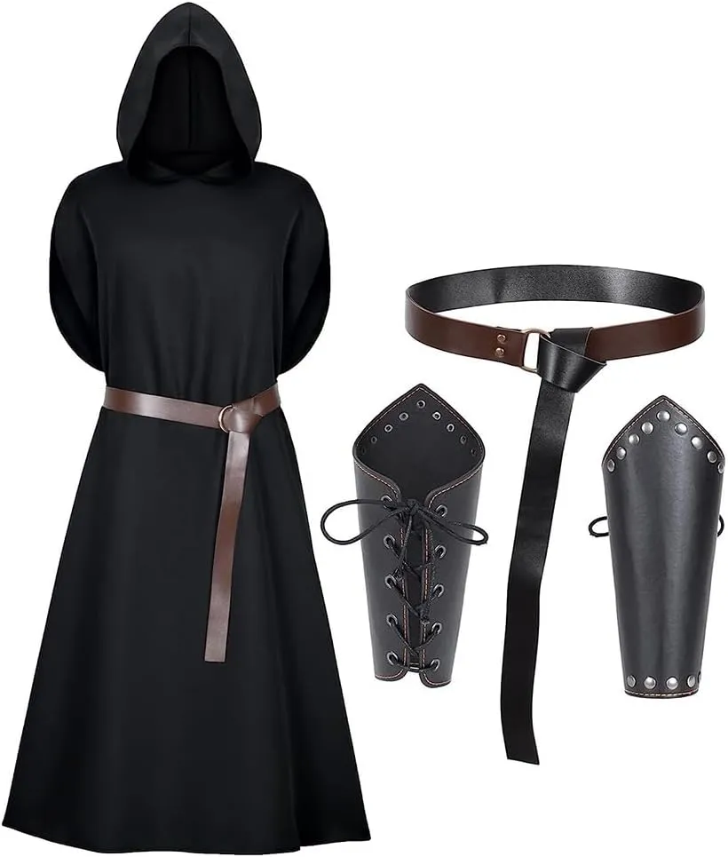 Men Medieval Knight Costume Set Hooded Cloak with Belt Bracers Halloween Templar Tunic Renaissance Pirate Outfit