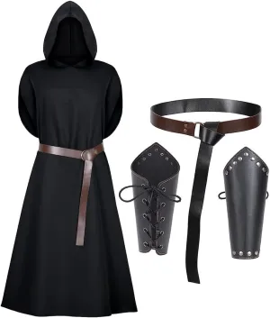 Men Medieval Knight Costume Set Hooded Cloak with Belt Bracers Halloween Templar Tunic Renaissance Pirate Outfit