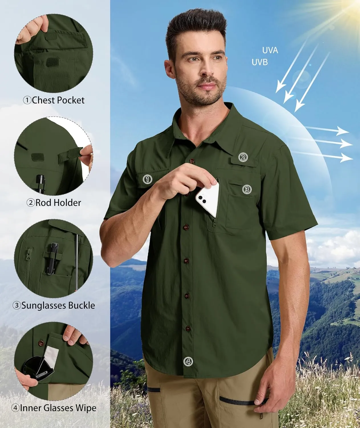 Men's Fishing Shirt Sun Protection Short Sleeve Cooling Button Down Shirts for Hiking Travel