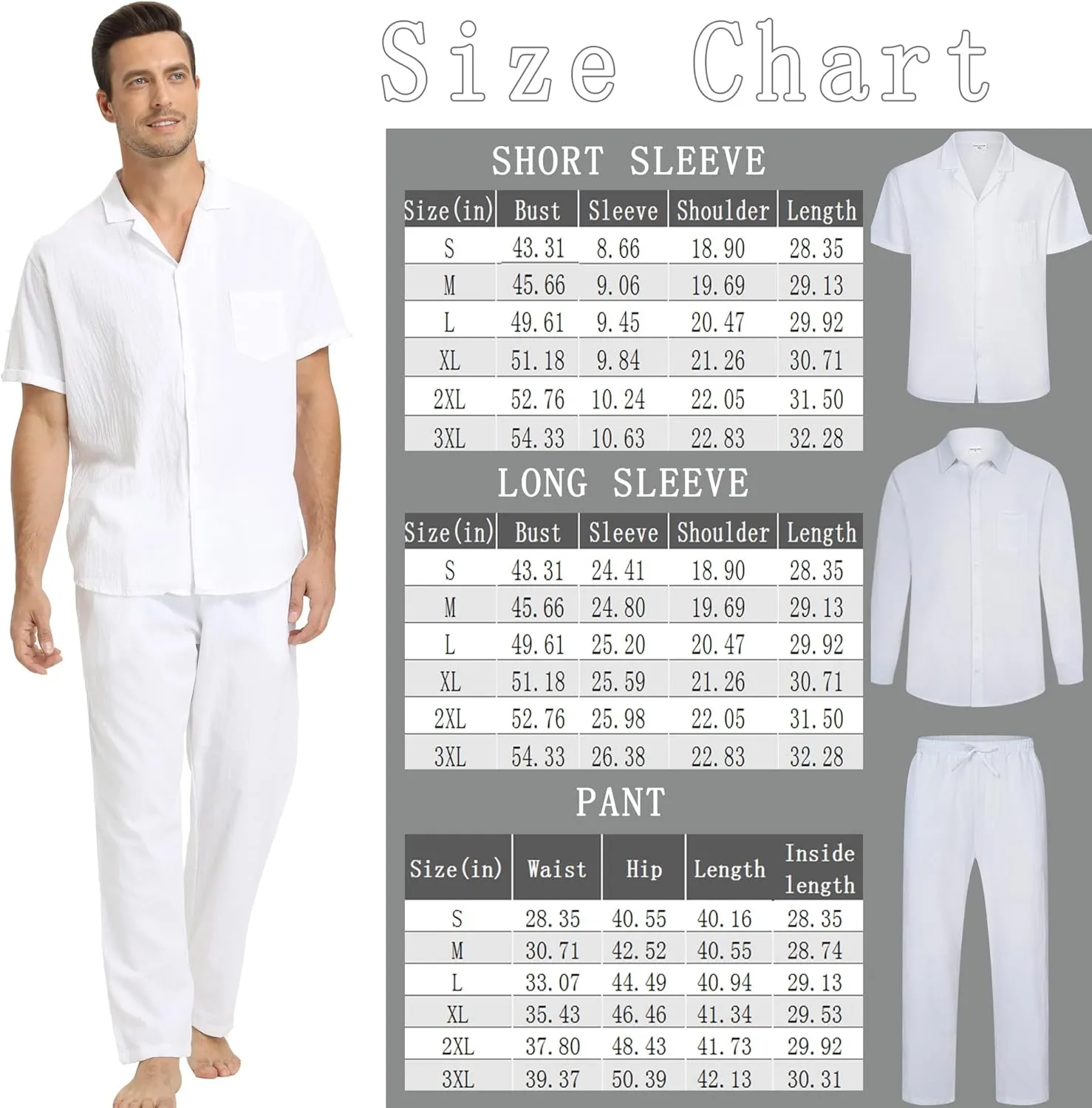 Men's Linen Sets Outfits: 3 Piece Beach Button Down Shirts Casual Loose Pants Short Sleeve Walking Suits