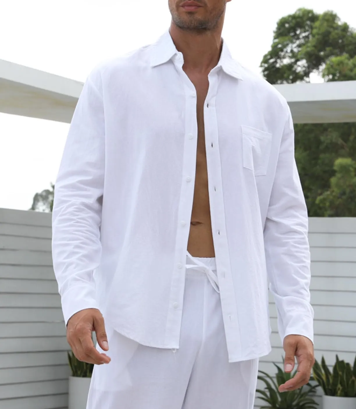 Men's Linen Sets Outfits: 3 Piece Beach Button Down Shirts Casual Loose Pants Short Sleeve Walking Suits