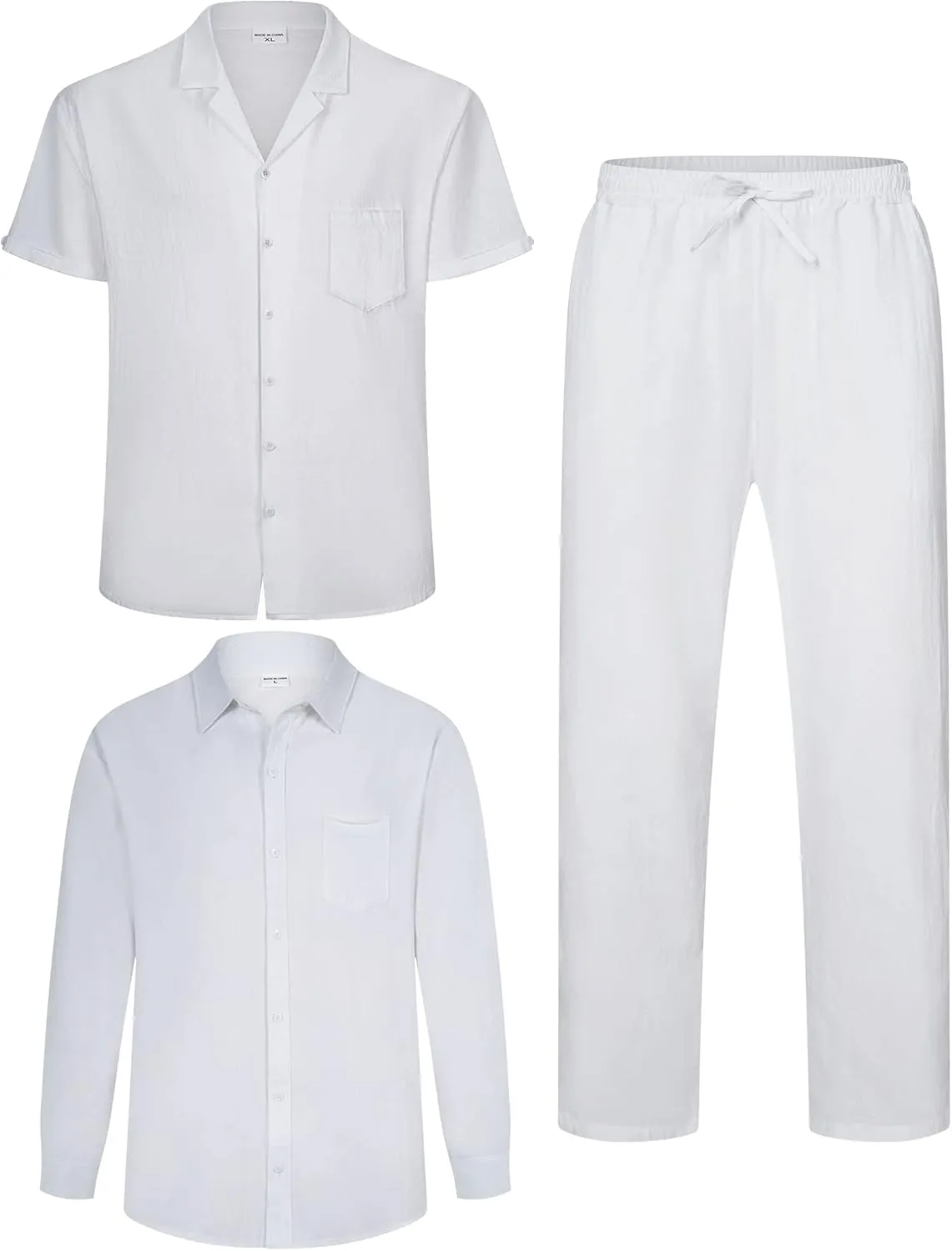 Men's Linen Sets Outfits: 3 Piece Beach Button Down Shirts Casual Loose Pants Short Sleeve Walking Suits