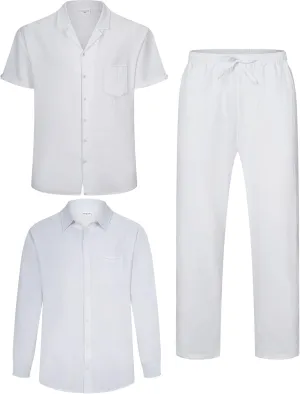 Men's Linen Sets Outfits: 3 Piece Beach Button Down Shirts Casual Loose Pants Short Sleeve Walking Suits