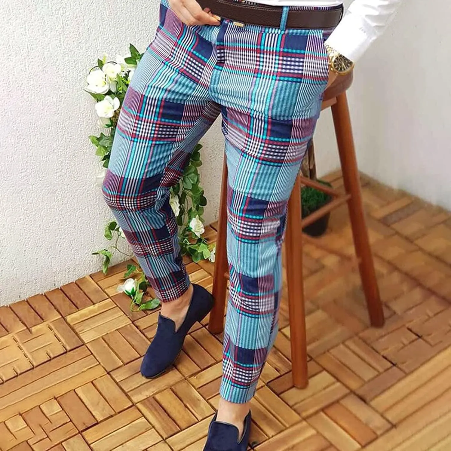 Men's Plaid Dress Pants Slim Fit Stretchy Flat Front Skinny Dress Pants Business Work Pants Casual Chinos with Pockets