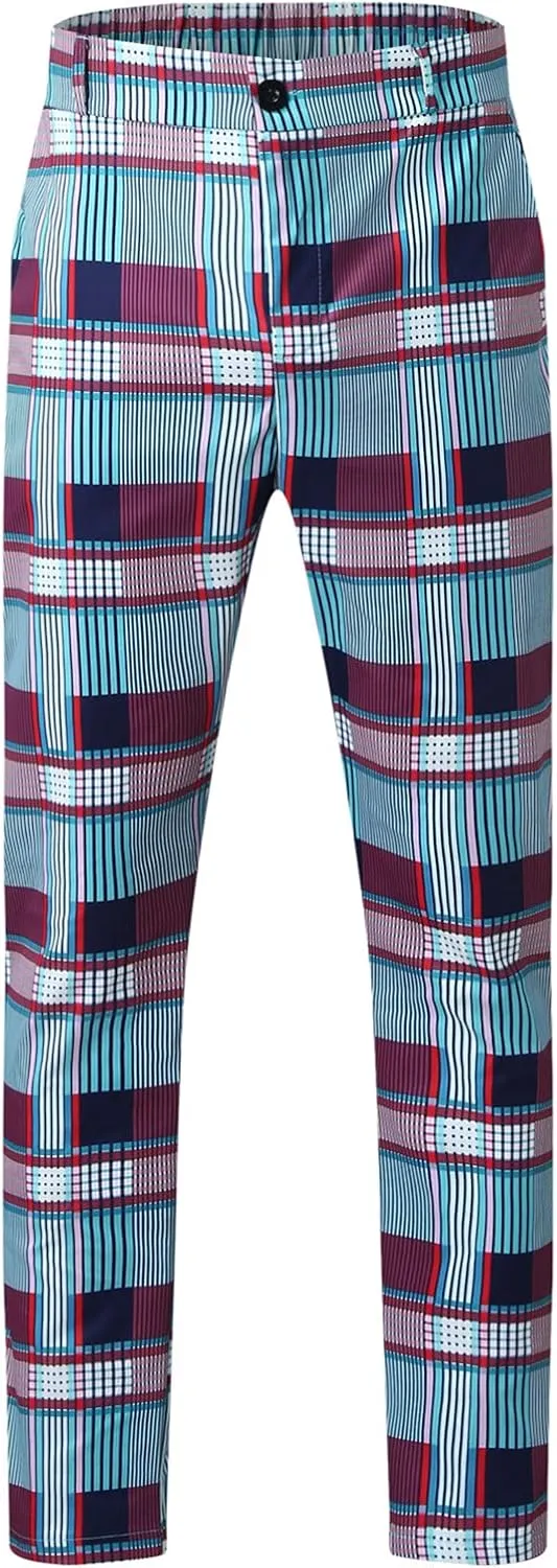 Men's Plaid Dress Pants Slim Fit Stretchy Flat Front Skinny Dress Pants Business Work Pants Casual Chinos with Pockets