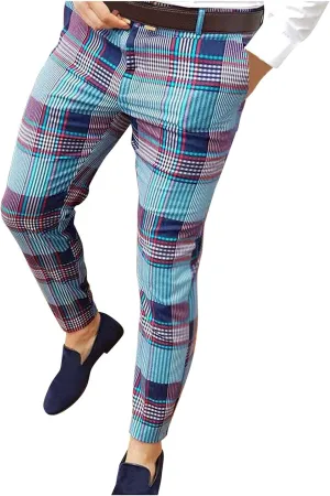 Men's Plaid Dress Pants Slim Fit Stretchy Flat Front Skinny Dress Pants Business Work Pants Casual Chinos with Pockets