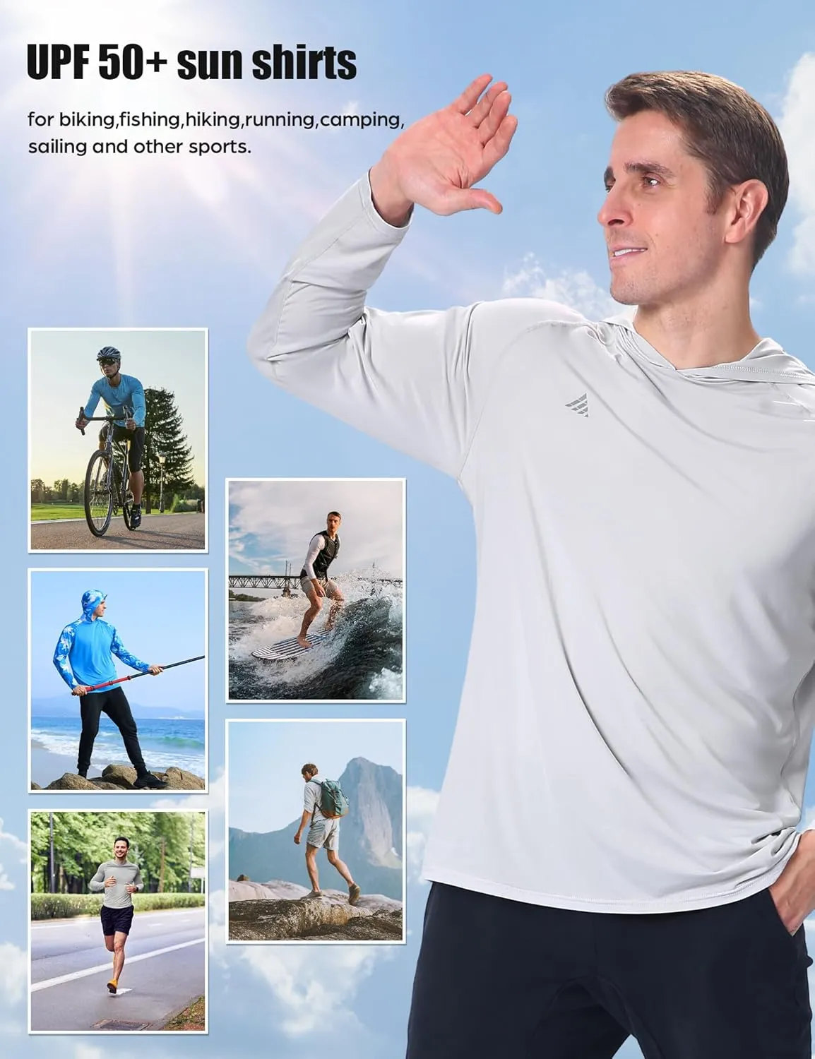 Men's Sun Protection Hoodie Shirts UPF 50  Long Sleeve SPF UV Rash Guard Fishing Hiking Lightweight