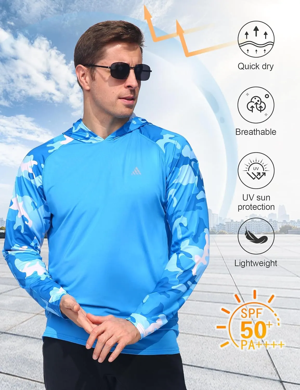 Men's Sun Protection Hoodie Shirts UPF 50  Long Sleeve SPF UV Rash Guard Fishing Hiking Lightweight