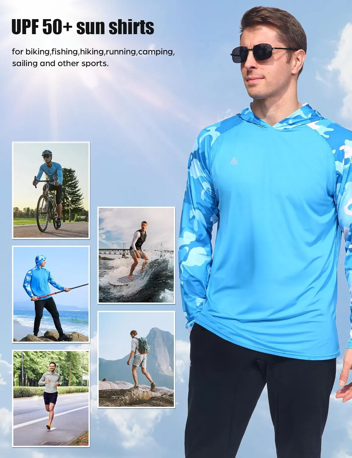 Men's Sun Protection Hoodie Shirts UPF 50  Long Sleeve SPF UV Rash Guard Fishing Hiking Lightweight