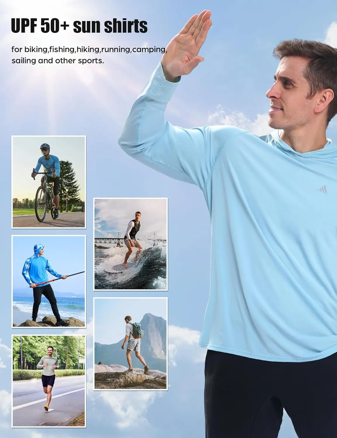 Men's Sun Protection Hoodie Shirts UPF 50  Long Sleeve SPF UV Rash Guard Fishing Hiking Lightweight