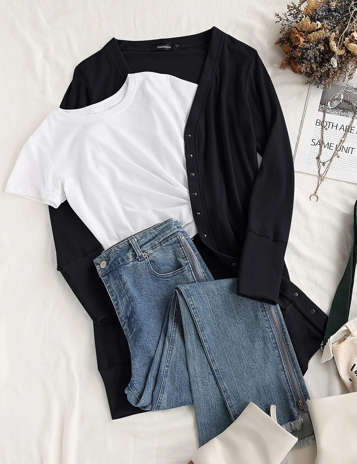 MEROKEETY Women's 2025 Fall Long Sleeve Snap Button Down Solid Color Knit Ribbed Neckline Cardigans