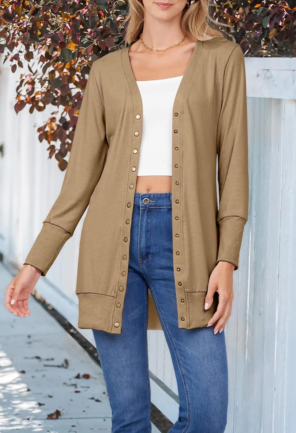 MEROKEETY Women's 2025 Fall Long Sleeve Snap Button Down Solid Color Knit Ribbed Neckline Cardigans