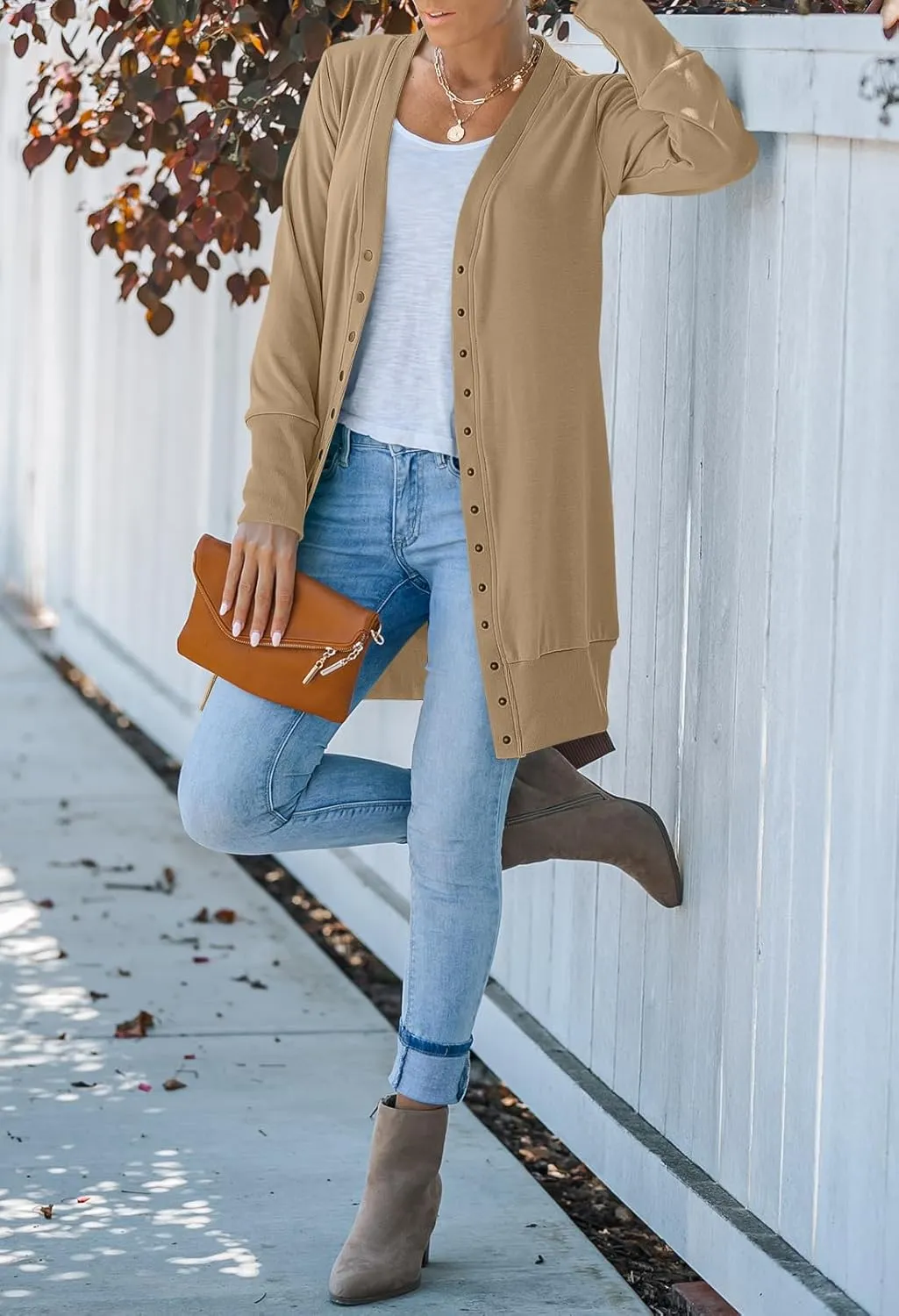 MEROKEETY Women's 2025 Fall Long Sleeve Snap Button Down Solid Color Knit Ribbed Neckline Cardigans