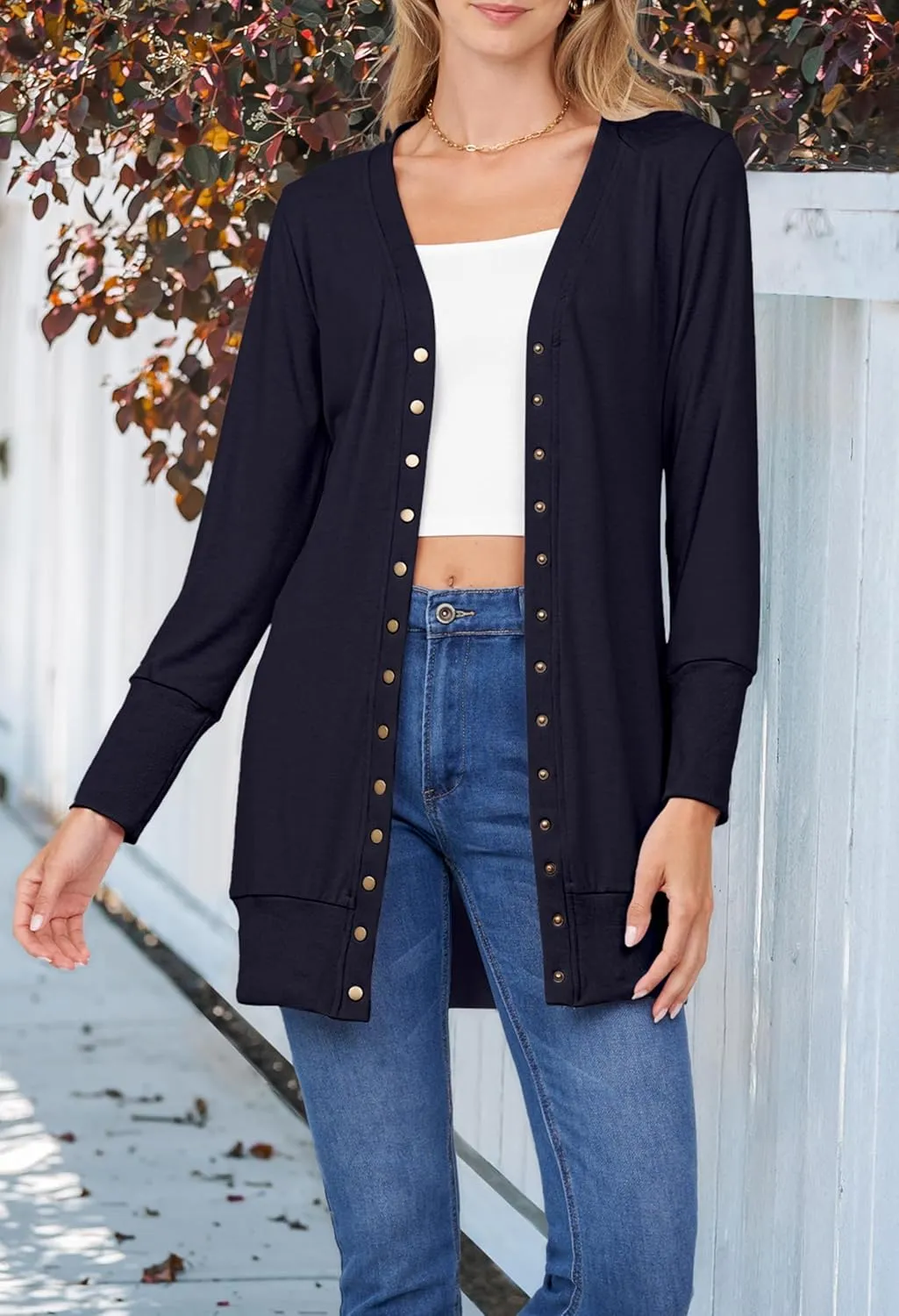 MEROKEETY Women's 2025 Fall Long Sleeve Snap Button Down Solid Color Knit Ribbed Neckline Cardigans