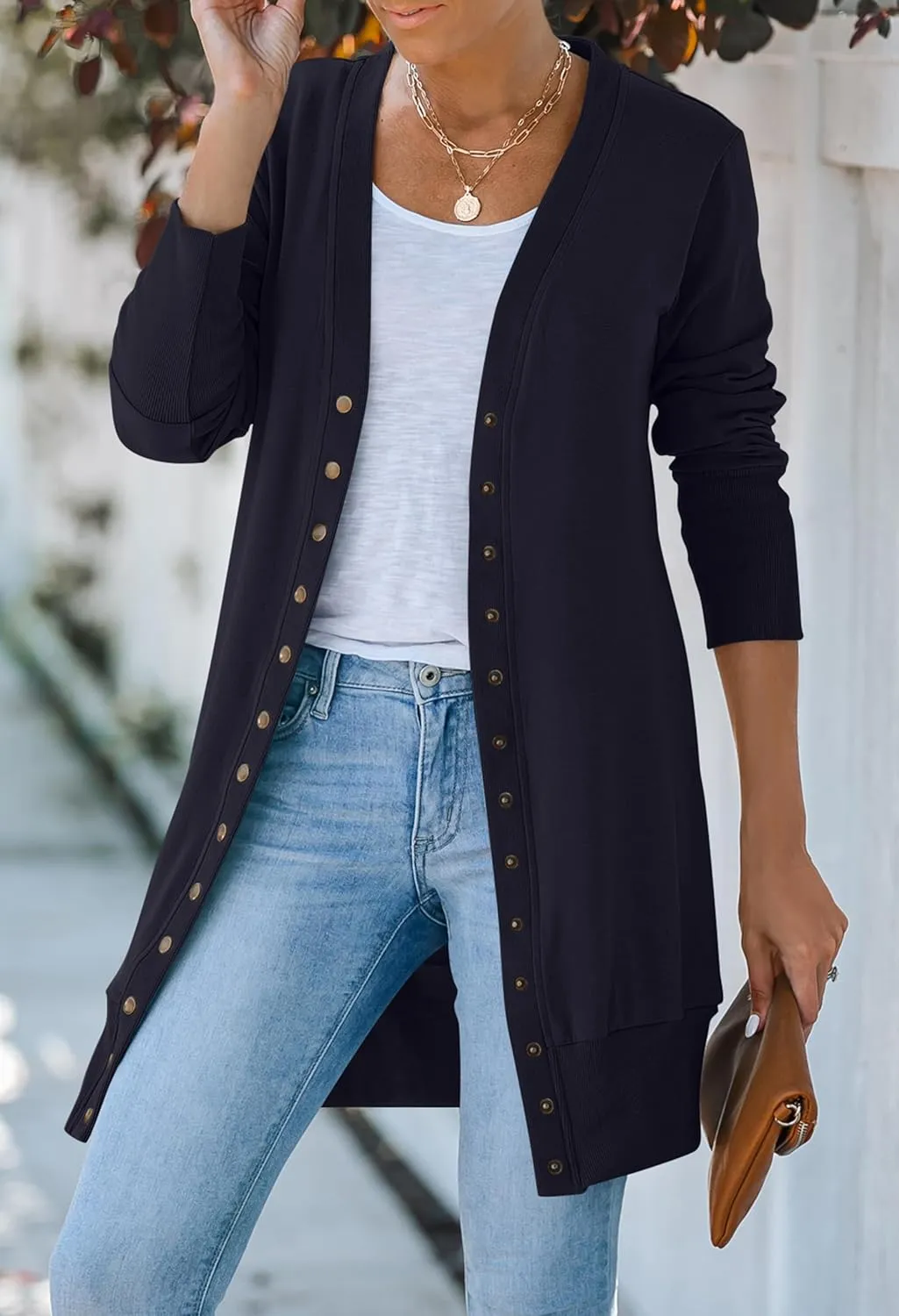 MEROKEETY Women's 2025 Fall Long Sleeve Snap Button Down Solid Color Knit Ribbed Neckline Cardigans