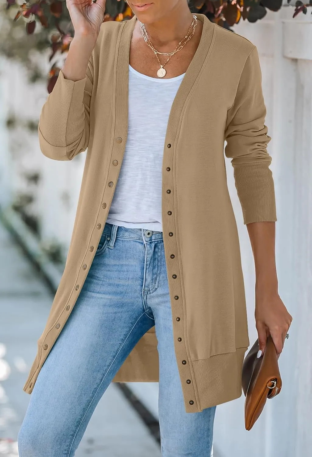 MEROKEETY Women's 2025 Fall Long Sleeve Snap Button Down Solid Color Knit Ribbed Neckline Cardigans