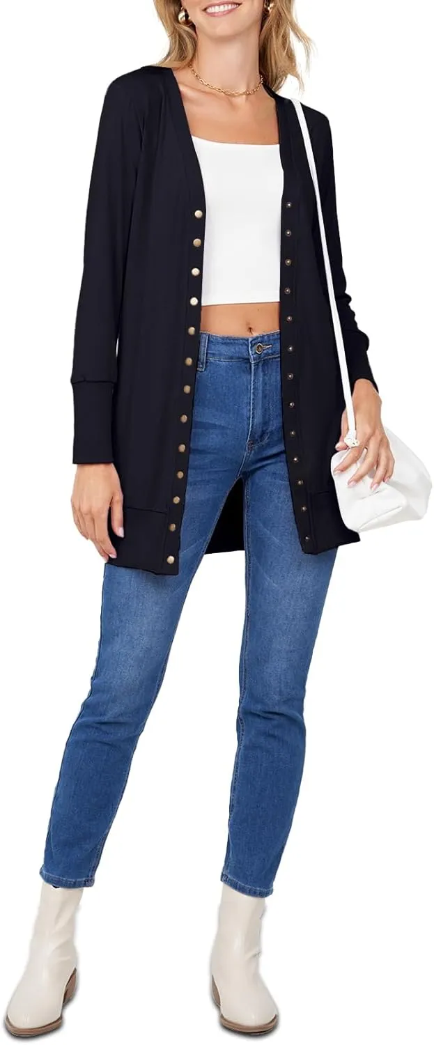 MEROKEETY Women's 2025 Fall Long Sleeve Snap Button Down Solid Color Knit Ribbed Neckline Cardigans