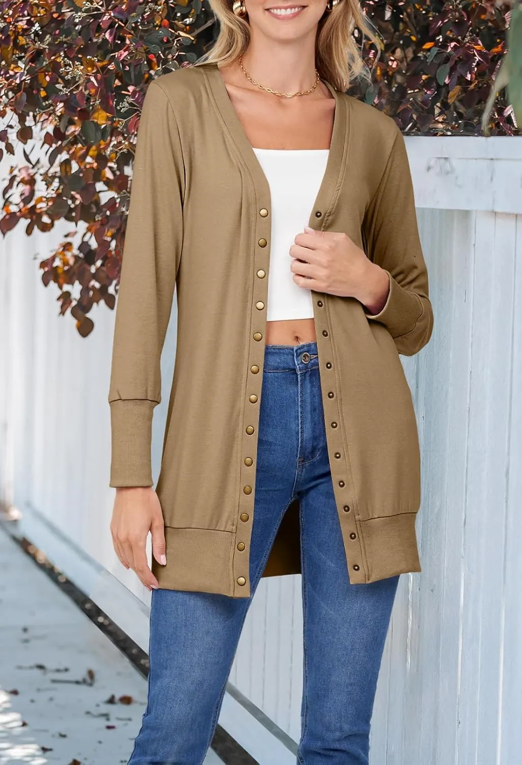 MEROKEETY Women's 2025 Fall Long Sleeve Snap Button Down Solid Color Knit Ribbed Neckline Cardigans